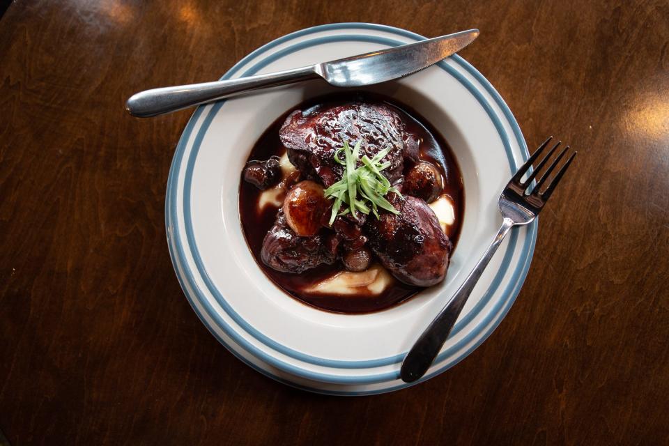 At Pascal & Sabine in Asbury Park, coq au Vin is served in a red wine sauce with mushrooms, pearl onions and  pommes purée.