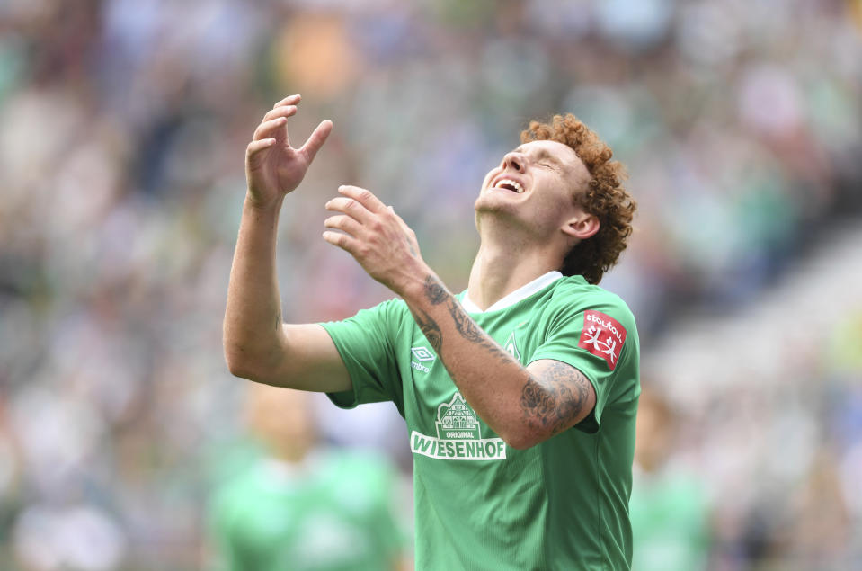 Bremen's Josh Sargent reacts during the Bundesliga soccer match between Werder Bremen and FC Augsburg in Bremen, Germany, Sunday, Sept. 1, 2019. (Carmen Jaspersen/dpa via AP)