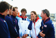 Something tickled Kate as she chatted to the competitors at the London 2012 Olympic Games at the Weymouth & Portland Venue at Weymouth Harbour. (Getty Images)