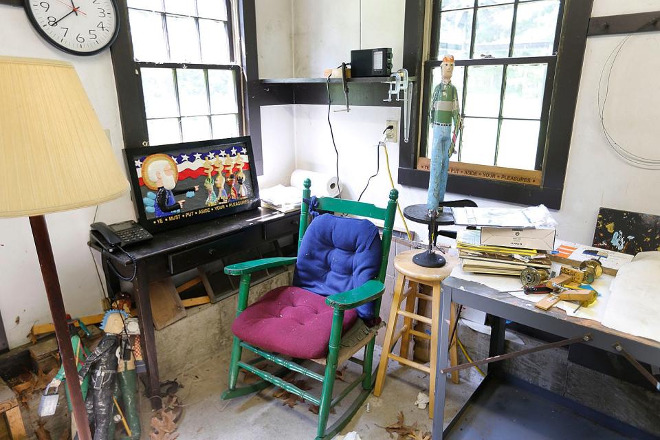 George's workshop desk.
Marshfield sculptor George Greenamyer who died at 83 in April is being remembered with some of his works displayed outdoors and also at his workshop by his wife of 37 years Beverly Burbank on Monday July 24, 2023