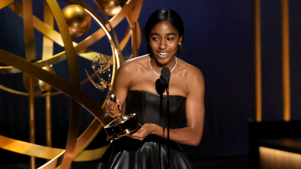 Ayo Edebiri accepting the Emmy for best supporting actress in a comedy series