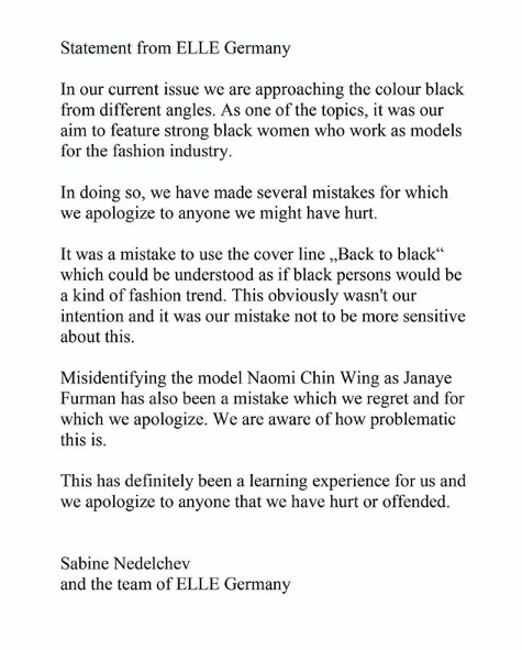 Magazine apologizes for 'Back to Black' issue: ‘We are aware of how problematic this is’. Photo: Instagram/ellegermany.