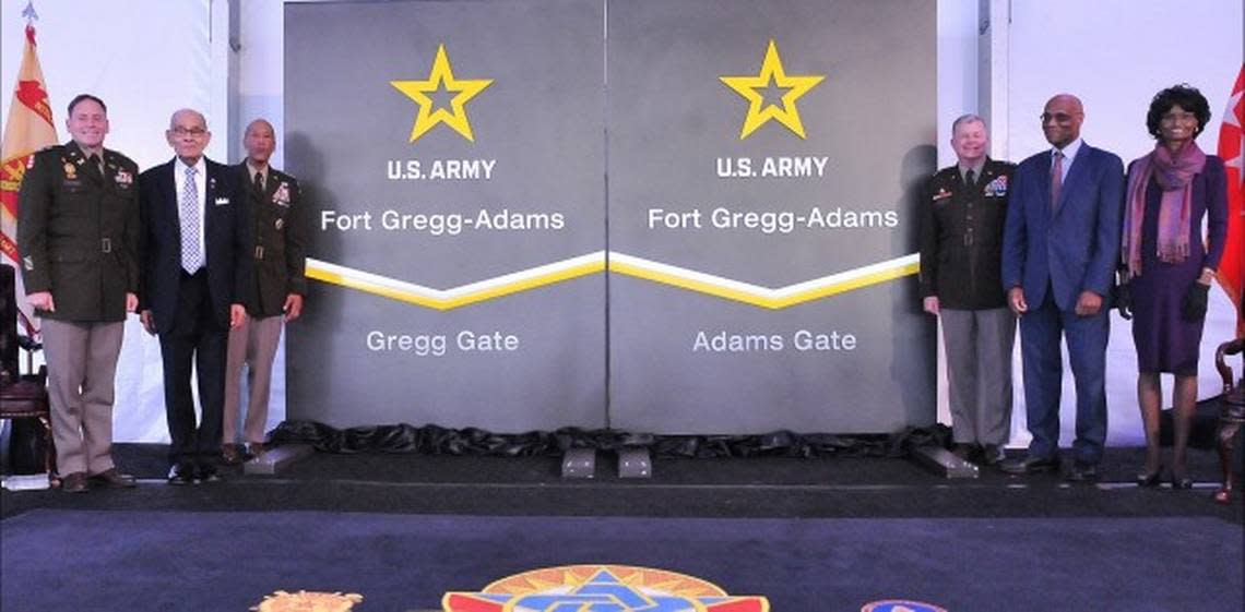 Lt. General Arthur Gregg, from Florence SC, stands center left with the family of Lt. Colonel Charity Adams, from Columbia SC, on the right. A Virginia Army base previously named for Robert E. Lee was renamed Fort Gregg-Adams at a ceremony April 27. Photo Courtesy of U.S. Army