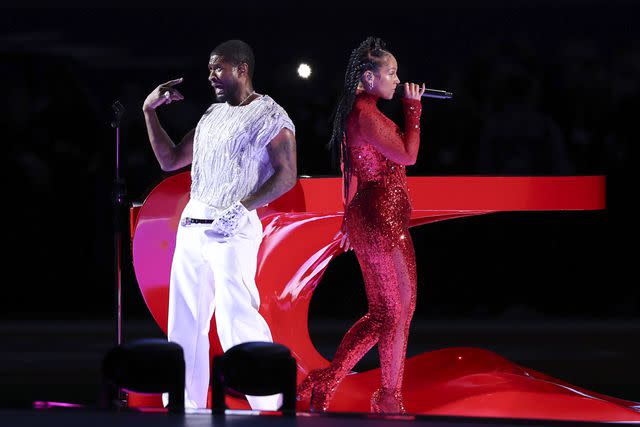 <p>Steph Chambers/Getty</p> Usher and Alicia Keys perform at the Super Bowl LVIII halftime show
