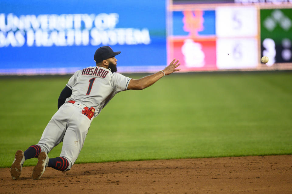 Cleveland Indians shortstop Amed Rosario tossed the ball to second for a force-out during the third inning of a baseball game Monday, May 3, 2021, in Kansas City, Mo. (AP Photo/Reed Hoffmann)