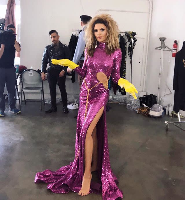 <p>Who says rubber gloves can't be glam? "Always ahead of my time," the reality star joked of her *handy* accessory choice at a photo shoot months before the coronavirus pandemic began. Rinna, who is in the habit of naming her wigs, dubbed this look the "Farrah."</p>