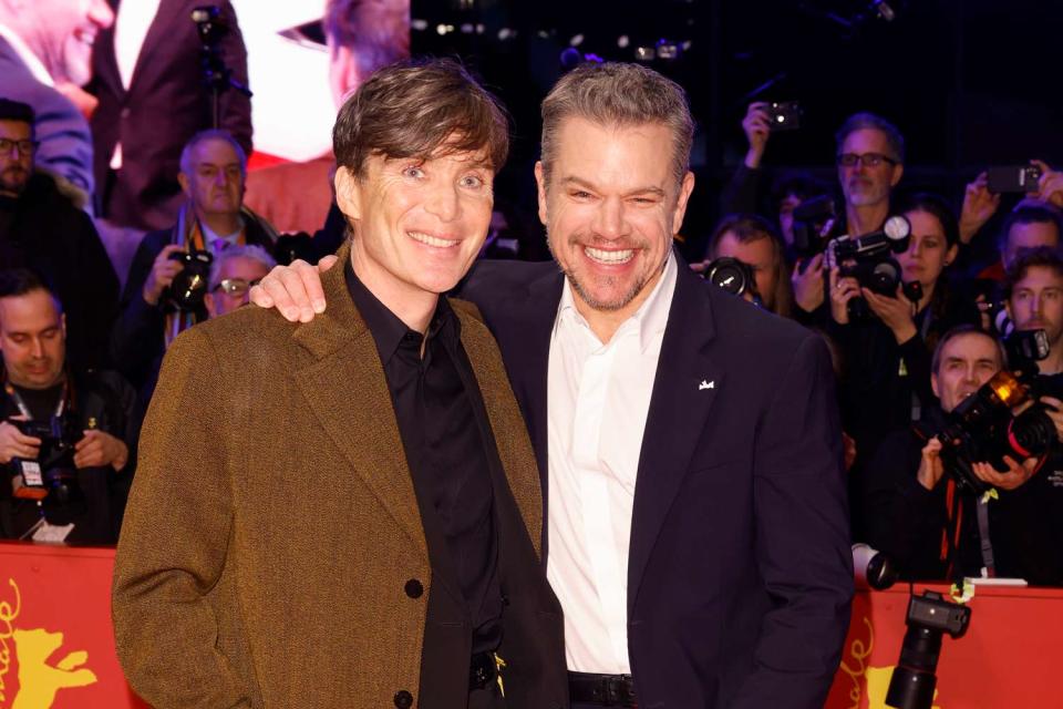 <p>Franziska Krug/Getty </p> Matt Damon and Cillian Murphy in Berlin on Feb. 15, 2024