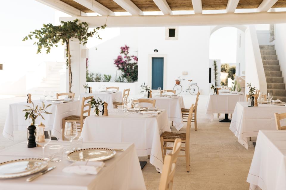 The outdoor dining area at Masseria Calderisi’s La Corte restaurant.