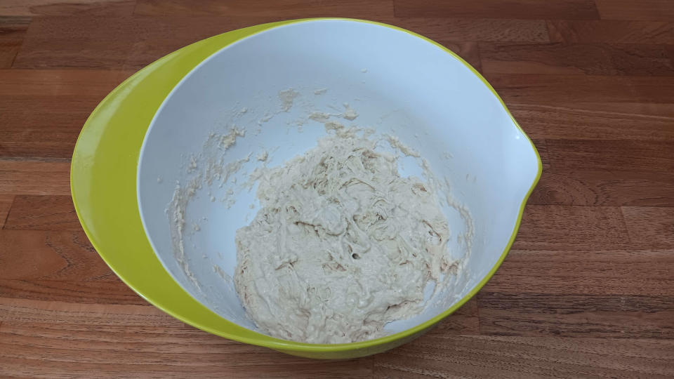 No-knead dough mixed into a shaggy mix