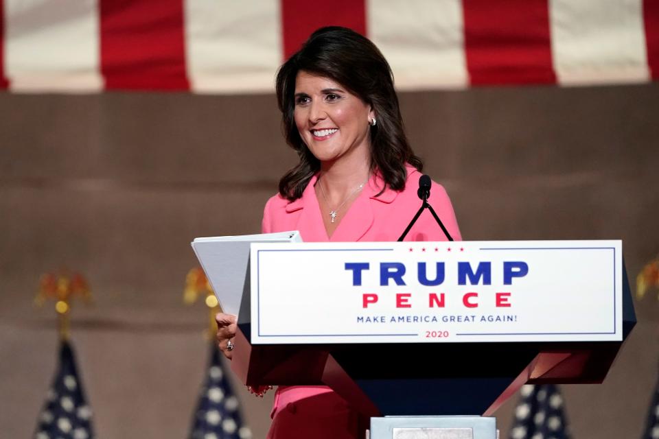 FILE - Former U.N. Ambassador and former South Carolina Gov. Nikki Haley leaves after speaking during the Republican National Convention from the Andrew W. Mellon Auditorium in Washington, on Aug. 24, 2020. Haley is moving closer to making her presidential campaign official. On Wednesday, Feb 1, 2023, supporters of the former South Carolina governor will get an email invitation to a Feb. 15 launch event in Charleston, at which she plans to announce her campaign, according to a person familiar with the plans but not authorized to speak publicly about them. (AP Photo/Susan Walsh, File)