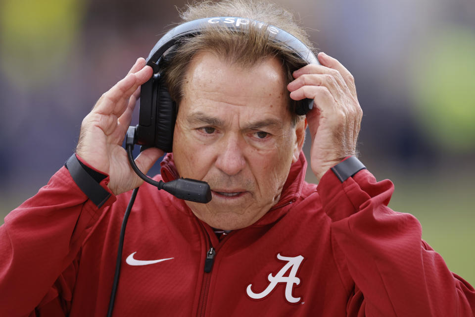 OXFORD, MS - NOVEMBER 12: Alabama Crimson Tide head coach Nick Saban looks on during a college football game against the Mississippi Rebels on November 12, 2022 at Vaught-Hemingway Stadium in Oxford, Mississippi. (Photo by Joe Robbins/Icon Sportswire via Getty Images)