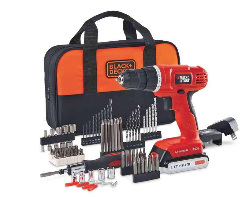 Black + Decker Cordless Drill with Battery, Charger & 100-pc Accessory Set. Image via Canadian Tire.