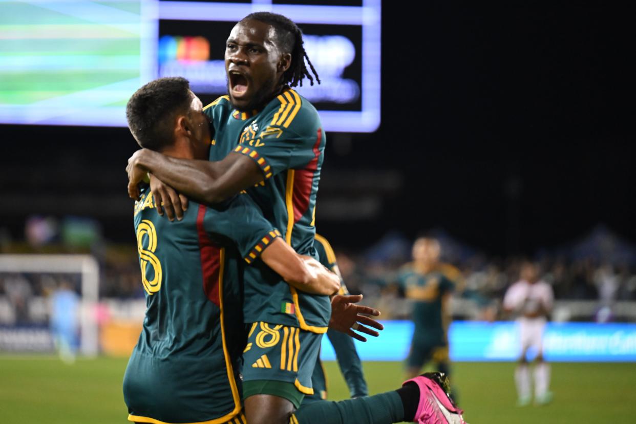 LA Galaxy forward Joseph Paintsil (28) celebrates after a goal during a 3-1 win against the San Jose Earthquakes on March 2, 2024.