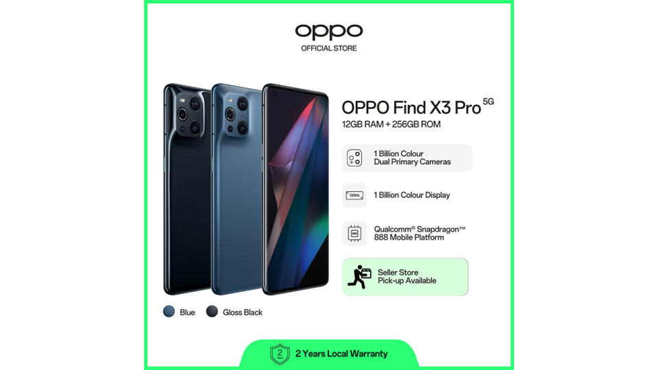 OPPO Find X3 Pro / 1 Billion Colour Dual Primary Cameras / Qualcomm Snapdragon 888 / 120 Hz Refresh Rate/ 12+256GB. (Photo: Lazada SG)