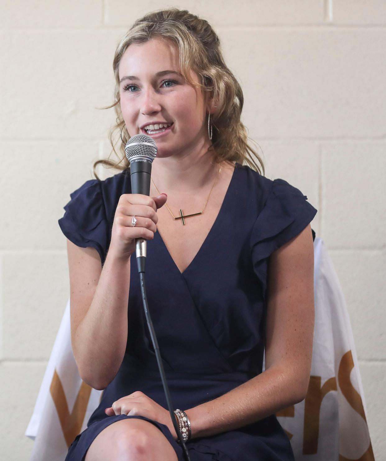 Lucy Westlake speaks Friday during a meet-and-greet at WaterStep, the Louisville organization that makes and provides products that make water safe to drink around the world. Westlake, formerly of Louisville, is the youngest American woman to have summited Mount Everest. June 3, 2022