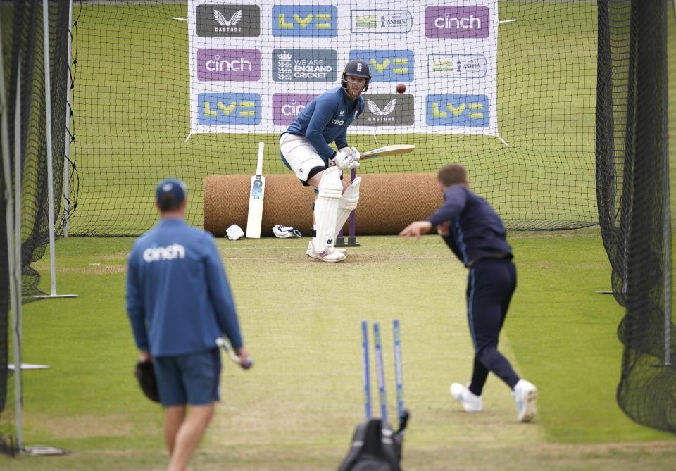 England's Ben Stokes during a nets session at Headingley, Leeds, England, Wednesday, July 5, 2023. (Martin Rickett/PA via AP)