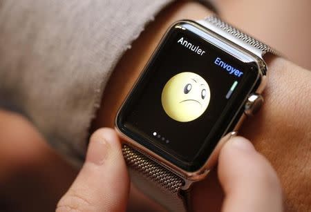 A customer tries on an Apple Watch at an Apple Store in Paris April 10, 2015. REUTERS/Christian Hartmann