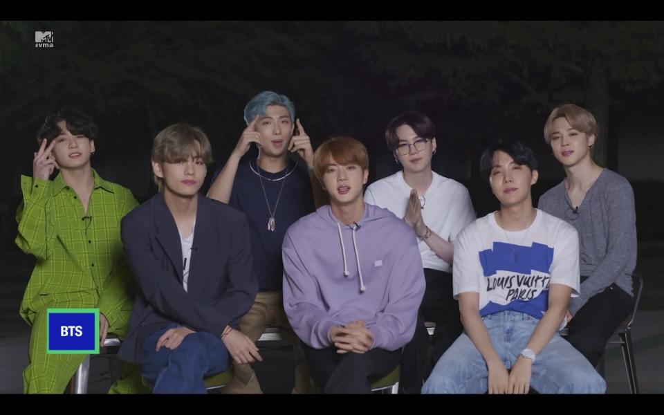 In this video grab issued Sunday, Aug. 30, 2020, by MTV, members of BTS accept the award for best group prior to the start of the MTV Video Music Awards. (MTV via AP)