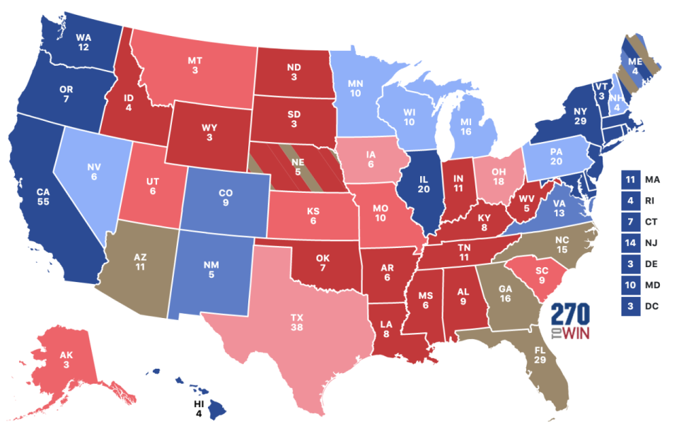 States like Florida, Pennsylvania, North Carolina, Georgia, Wisconsin and Arizona will ultimately decide the result in the race to 270 electoral college votes. Source: 270towin