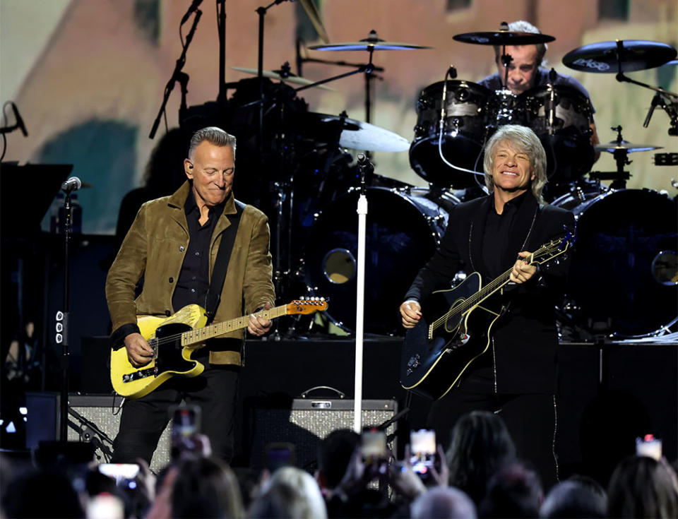 Bruce Springsteen and Jon Bon Jovi perform onstage during 2024 MusiCares Person Of The Year Honoring Jon Bon Jovi at Los Angeles Convention Center on February 02, 2024 in Los Angeles, California.