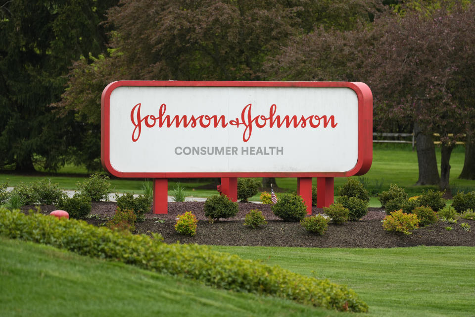 FILE - A sign for Johnson & Johnson Consumer Health is displayed in Flourtown, Pa., Friday, April 28, 2023. The health care giant said Thursday, Sept. 14, 2023, that it will replace the well-known signature script it has used since 1887 with a modern look that reflects its sharpened focus on pharmaceuticals and medical devices. But the original script _ based on the signature of co-founder James Wood Johnson _ will still be seen for now on consumer products. (AP Photo/Matt Rourke, File)