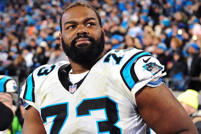 <p>Scott Cunningham/Getty</p> Michael Oher #73 of the Carolina Panthers watches play against the Arizona Cardinals during the NFC Championship Game at Bank Of America Stadium on January 24, 2016 in Charlotte, North Carolina.