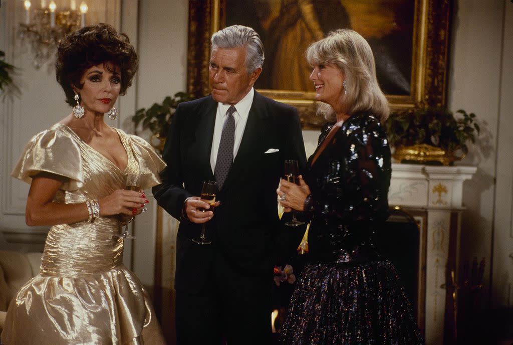 Joan Collins, John Forsythe and Linda Evans star in <em>Dynasty</em> on Oct. 7, 1987. (Photo: ABC Photo Archives/ABC via Getty Images)