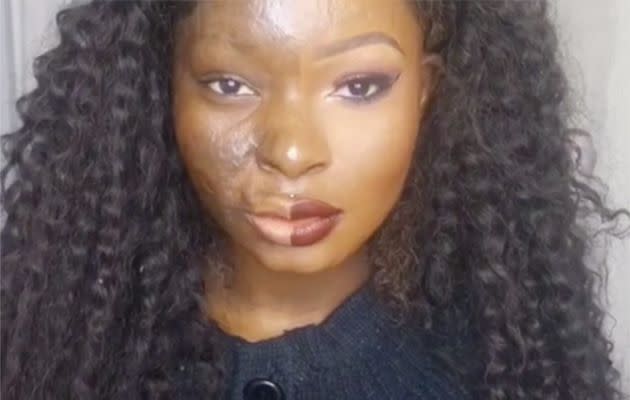 Is this the best makeup artist ever? Shalom Nchom shares half and half selfie to prove the power of makeup. Photo: Instagram/makeupbyshalom.