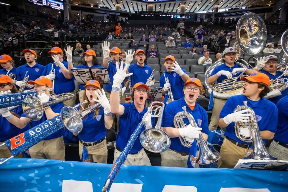 The Boise State Blue Thunder band performs before the Broncos take on the Northwestern Wildcats at the NCAA Tournament at Golden 1 Center on Thursday.