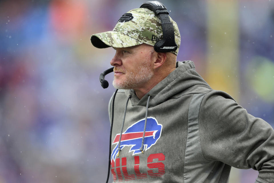 Buffalo Bills head coach Sean McDermott watches during the second half of an NFL football game against the Houston Texans, Sunday, Oct. 3, 2021, in Orchard Park, N.Y. (AP Photo/Joshua Bessex)