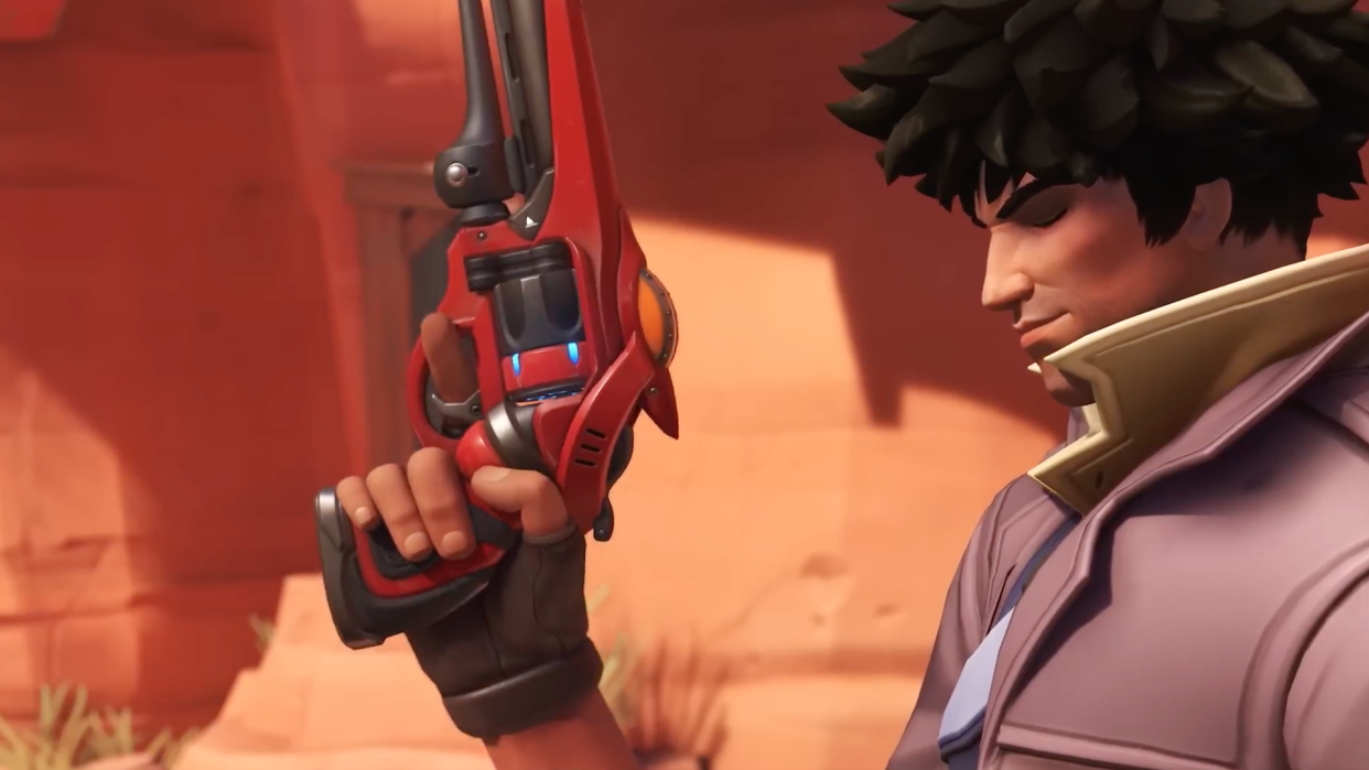  Cassidy looks into the camera in a screenshot from Overwatch 2 Cowboy Bebop crossover. 