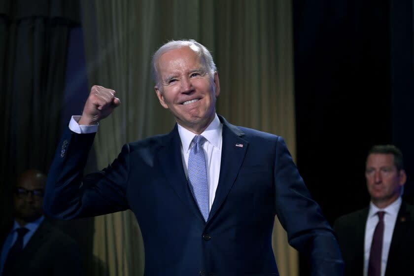 US President Joe Biden gestures on stage at the Washington Hilton in Washington, DC, April 25, 2023. - Biden announced Tuesday his bid "to finish the job" with re-election in 2024. (Photo by Jim WATSON / AFP) (Photo by JIM WATSON/AFP via Getty Images)
