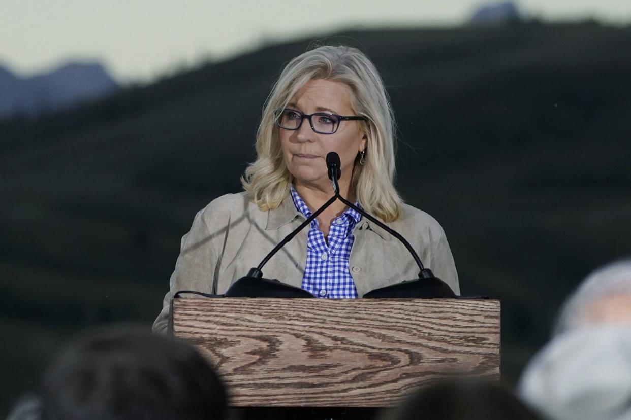 Rep. Liz Cheney (R-Wyo.) speaks Tuesday, Aug. 16, 2022, at a primary Election Day gathering at Mead Ranch in Jackson, Wyo.