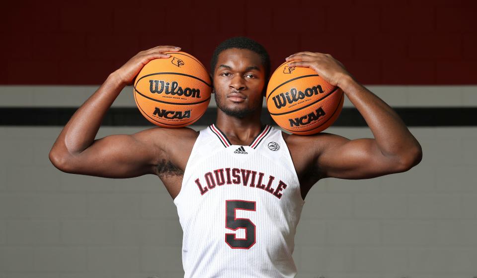 U of L basketball's Brandon Huntley-Hatfield (5) on media day at the Kueber Center practice facility in Louisville, Ky. on Oct. 20, 2022.