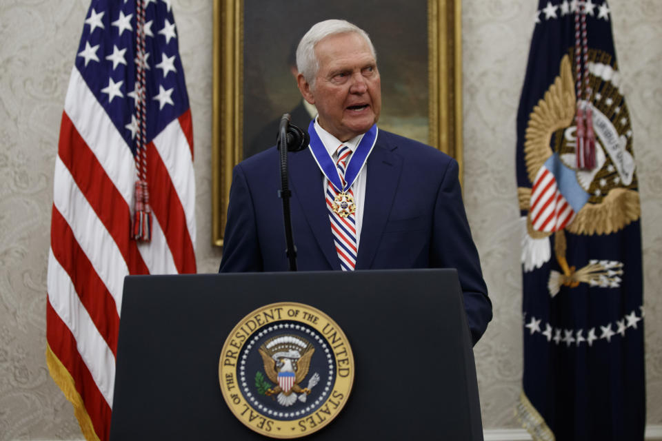 Former NBA basketball player and general manager Jerry West speaks after receiving the Presidential Medal of Freedom from President Donald Trump, in the Oval Office of the White House, Thursday, Sept. 5, 2019, in Washington. (AP Photo/Alex Brandon)