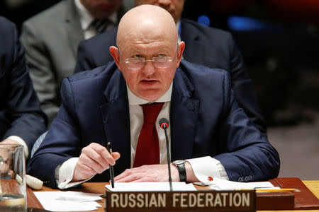 Russian Ambassador to the United Nations Vasily Nebenzya speaks after Members of the United Nations Security Council voted against a Russian resolution condemning 'aggression' against Syria by the U.S. and its allies during an emergency meeting on Syria at the U.N. headquarters in New York, U.S., April 14, 2018. REUTERS/Eduardo Munoz