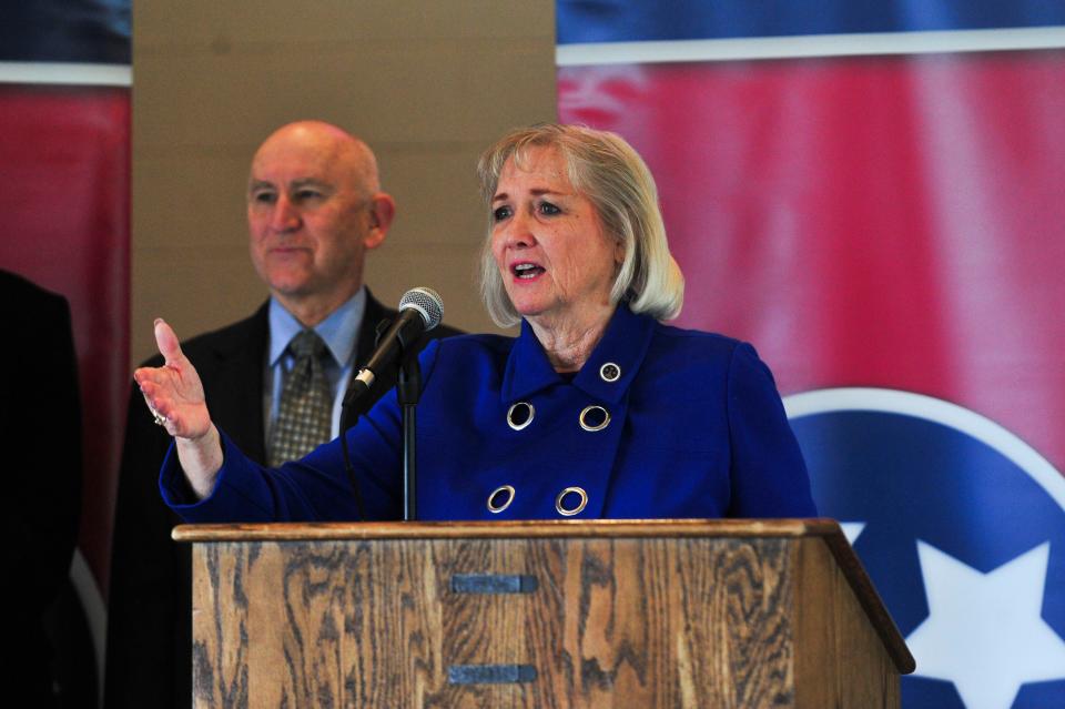 Tennessee State Senator Becky Massey speaks during a press conference about a report for the need for a mental health facility in upper East Tennessee at Lakeshore Park on Friday, March 22, 2024.