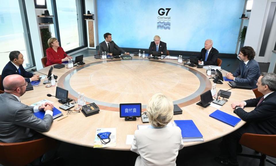 Leaders at a round table meeting in Carbis Bay, during the G7 summit in Cornwall.