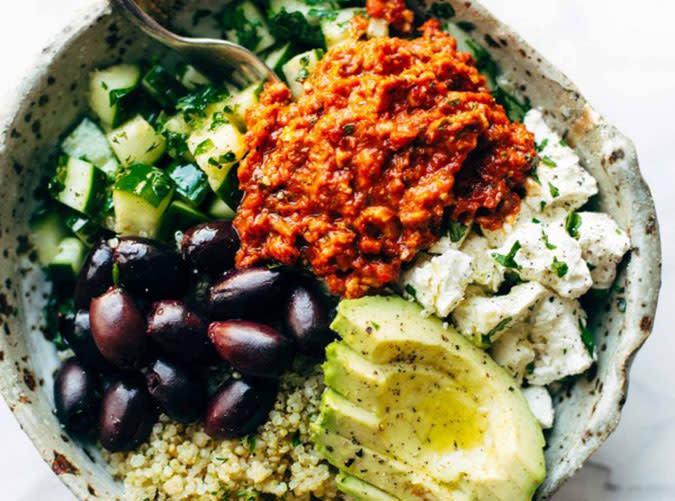 Tuesday Lunch: Mediterranean Quinoa Bowls with Roasted Red Pepper Sauce