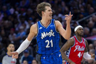 Orlando Magic's Moe Wagner reacts to the basket during the second half of an NBA basketball game against the Philadelphia Phillies, Friday, April 12, 2024, in Philadelphia. The 76ers won 125-113. (AP Photo/Chris Szagola)