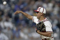 Kansas City Royals second baseman Nicky Lopez pitches during the ninth inning of a baseball game against the Los Angeles Dodgers Saturday, Aug. 13, 2022, in Kansas City, Mo. The Dodgers won 13-3. (AP Photo/Charlie Riedel)