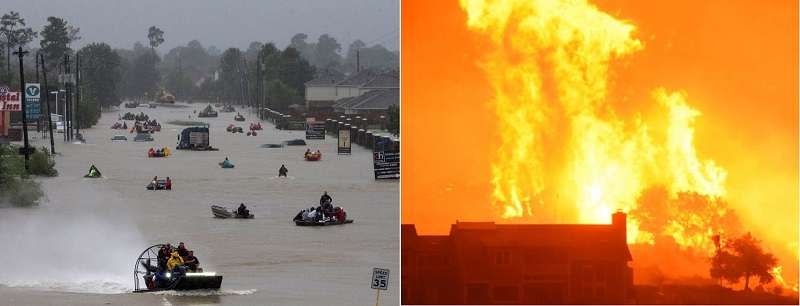 圖3。左： 颶風哈維在美國德州肆虐近5天；右：加州野火在卡平特里亞市吞噬多處民宅。（美聯社）
