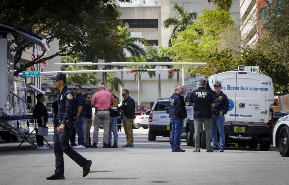 Miami, Florida, February 23, 2024 - Miami police shut down traffic at Northwest 17th Street near Ninth Avenue after one of their officers shot a man wielding a knife, authorities said. The wounded man ran toward Jackson Memorial Hospital where he was detained.