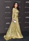 <p>Con este vestido dorado Salma Hayek, quien estuvo acompañada de su esposo, Francois-Henri Pinault, pareció toda una princesa. Getty Images </p>