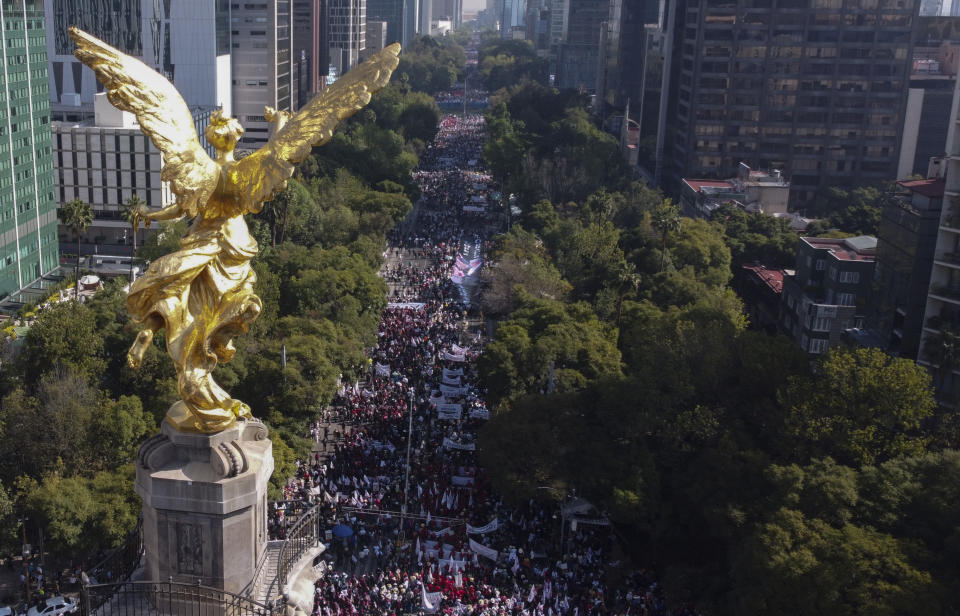 Supporters of Mexican President Andres Manuel Lopez Obrador march in Mexico City, Sunday, Nov. 27, 2022. (AP Photo/Eduardo Verdugo)