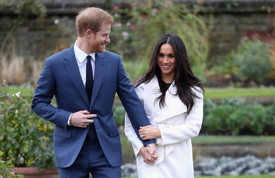 Prince Harry and Meghan Markle announce their engagement at Kensington Palace on Nov. 27, 2017. (Photo: Chris Jackson via Getty Images)