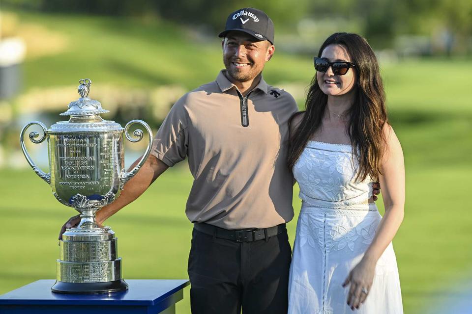 <p>Keyur Khamar/PGA TOUR via Getty Images</p> From Left: Xander Schauffele and wife Maya on May 19, 2024