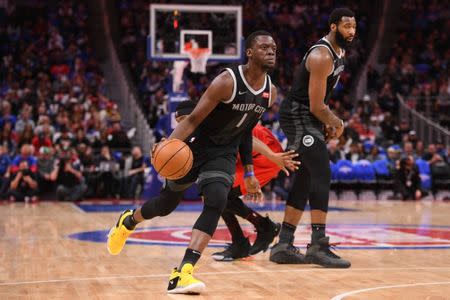 Mar 30, 2019; Detroit, MI, USA; Detroit Pistons guard Reggie Jackson (1) drives to the basket during the third quarter against the Portland Trail Blazers at Little Caesars Arena. Mandatory Credit: Tim Fuller-USA TODAY Sports