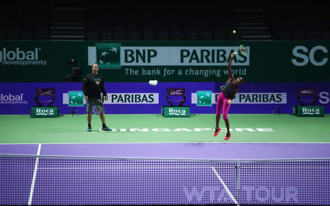 Venus Williams of the United States practices prior to the BNP Paribas WTA Finals Singapore presented by SC Global at Singapore Sports Hub on October 21, 2017 in Singapore - Credit:  Getty Images