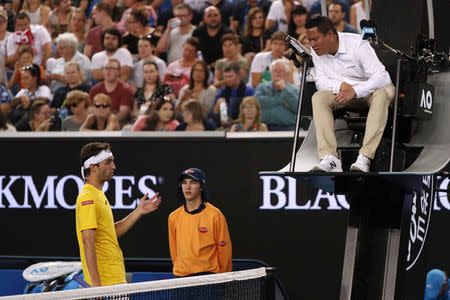 Tennis - Australian Open - Margaret Court Arena, Melbourne, Australia, January 20, 2018. Spain's Albert Ramos-Vinolas talks with the umpire during his match against Serbia's Novak Djokovic. REUTERS/Issei Kato